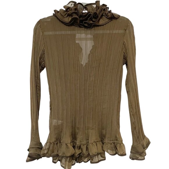 Zoommoney Ruffled Pleated Long Sleeve Stretchy Sheer Blouse in Brown M - Picture 2 of 12